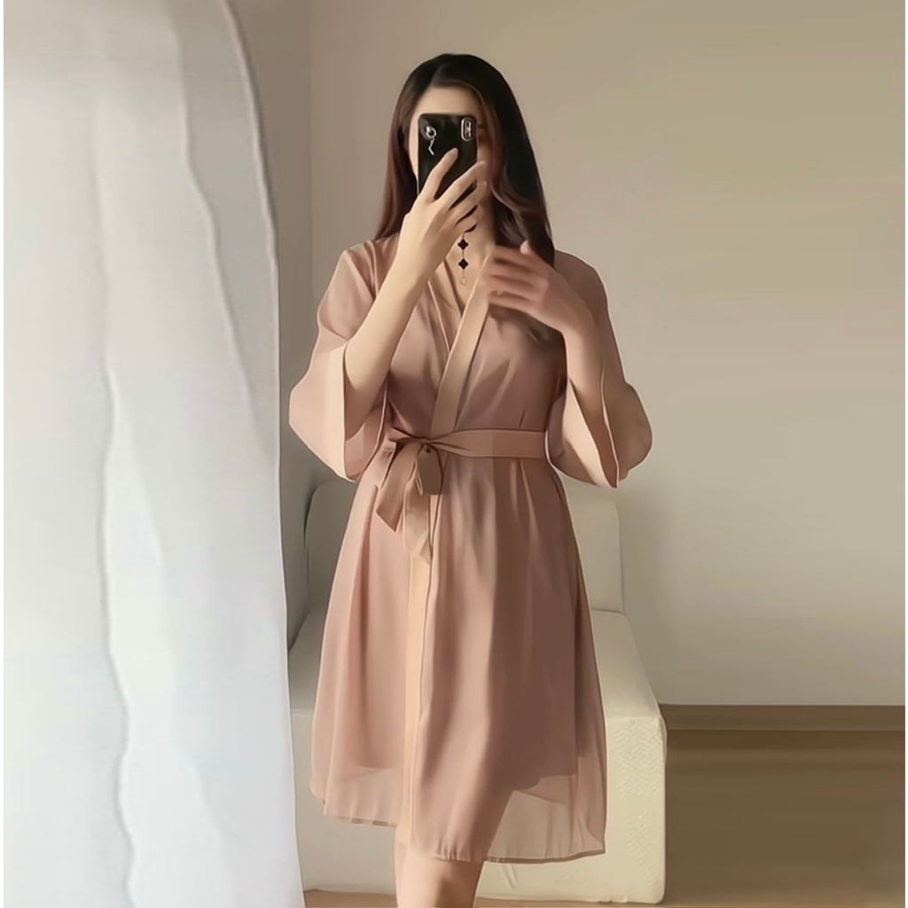 Sét Choàng Ngủ 2 Món Áo + Váy Chất Lụa Satin Cao Cấp kết hợp áo choàng voan mịn Thương Hiệu Lavia A5