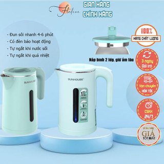 Ấm siêu tốc, bình đun siêu tốc cao cấp inox 2 lớp 1.8L Sunhouse ruột inox 304 an toàn sức khỏe bảo hành 12 tháng