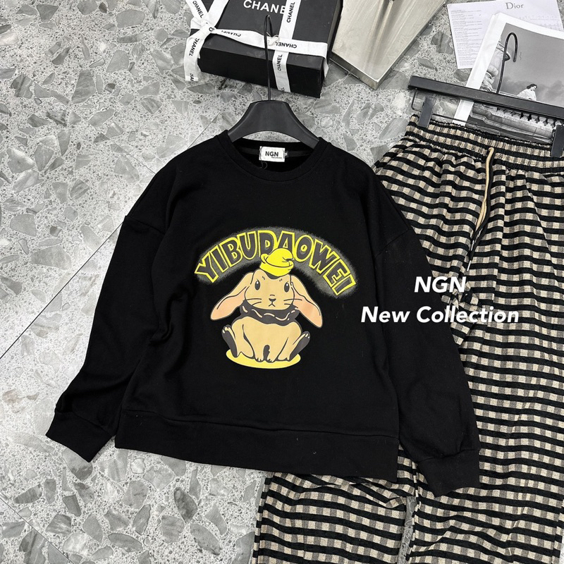 Sét áo dài tay hình cute + quần baggy kẻ caro