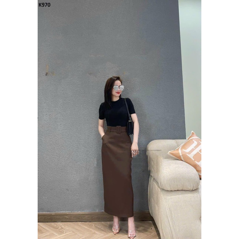 Chân váy midi dài 88cm siêu hách dáng cạp kèm đai vuông trẻ trung CV57