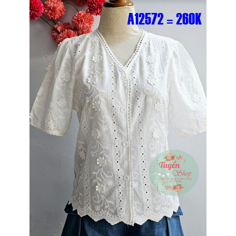 Áo sơ mi xô ren nổi cổ V tay ngắn