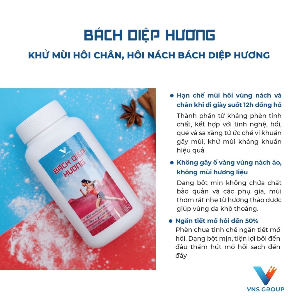 Combo 3 Bột Khử Mùi Hôi Nách Hôi Chân Bách Diệp Hương VNS Group ngăn tiết mồ hôi cơ thể và làm sáng mịn da 30g/lọ