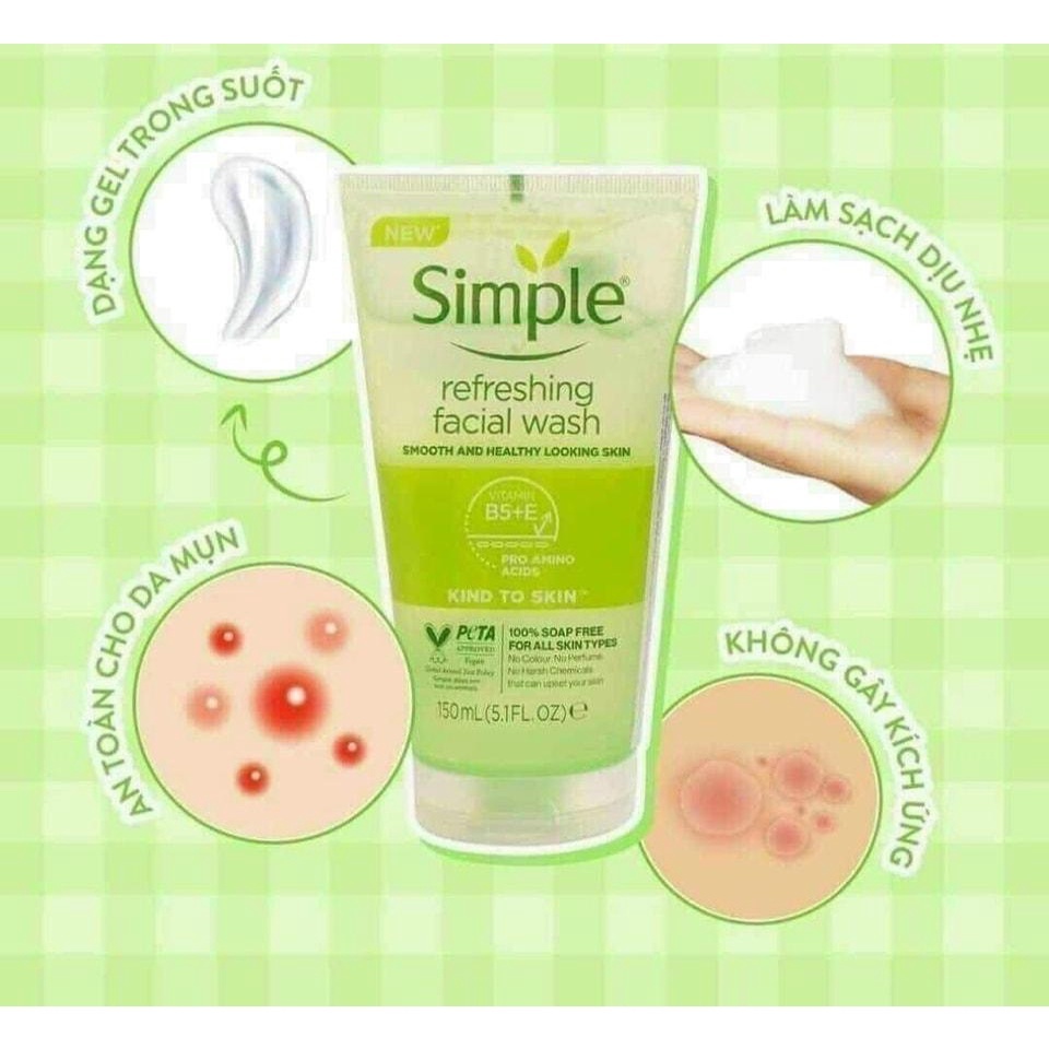Ữa rửa mặt dạng gel Simple Kind To Skin Refreshing Facial Wash 150ml