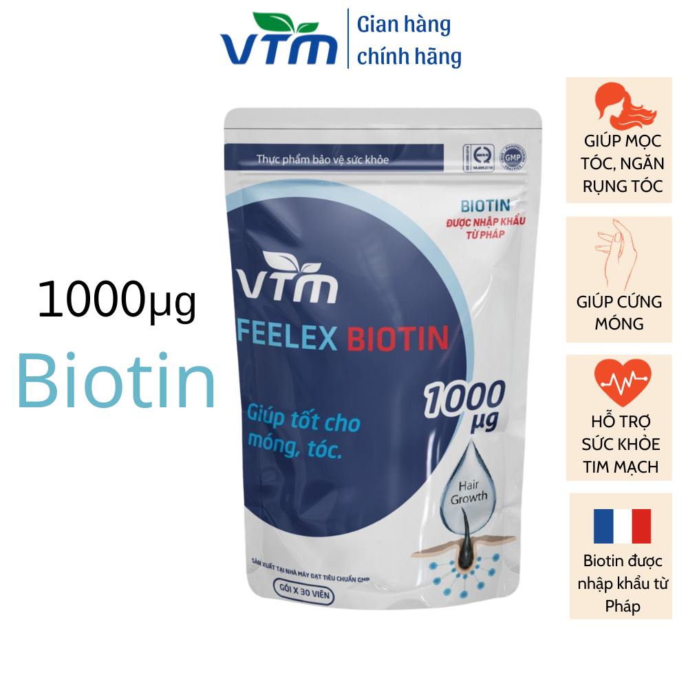 Viên uống VTM Feelex Biotin hỗ trợ mọc tóc, giúp mái tóc chắc khoẻ - Gói 30 viên (30 Ngày)