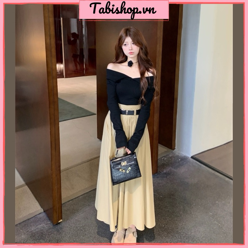 Set áo thun bẹt vai tay dài mix chân váy dài xếp ly TABISHOP Set đồ nữ sang chảnh phong cách Hàn Quốc hottrend
