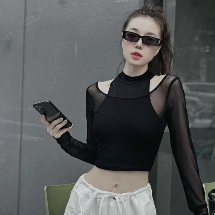 Áo thun zip croptop hở vai phối lưới - A75