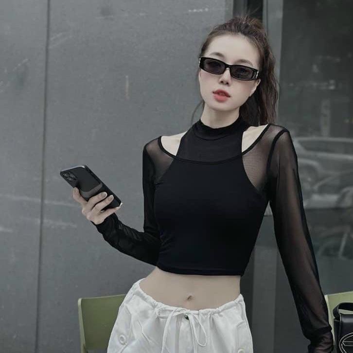 Áo thun zip croptop hở vai phối lưới - A75