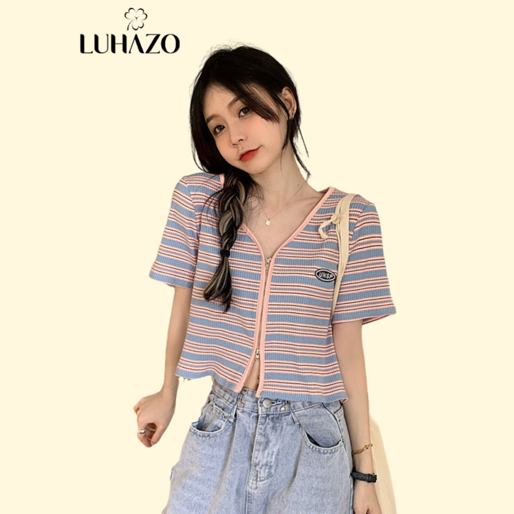 Áo len dệt kim mongtoghi ngắn tay cho nữ khóa kéo giữa cổ V LUHAZO họa tiết kẻ sọc ngang phong cách cá tính M80 A2-22.1