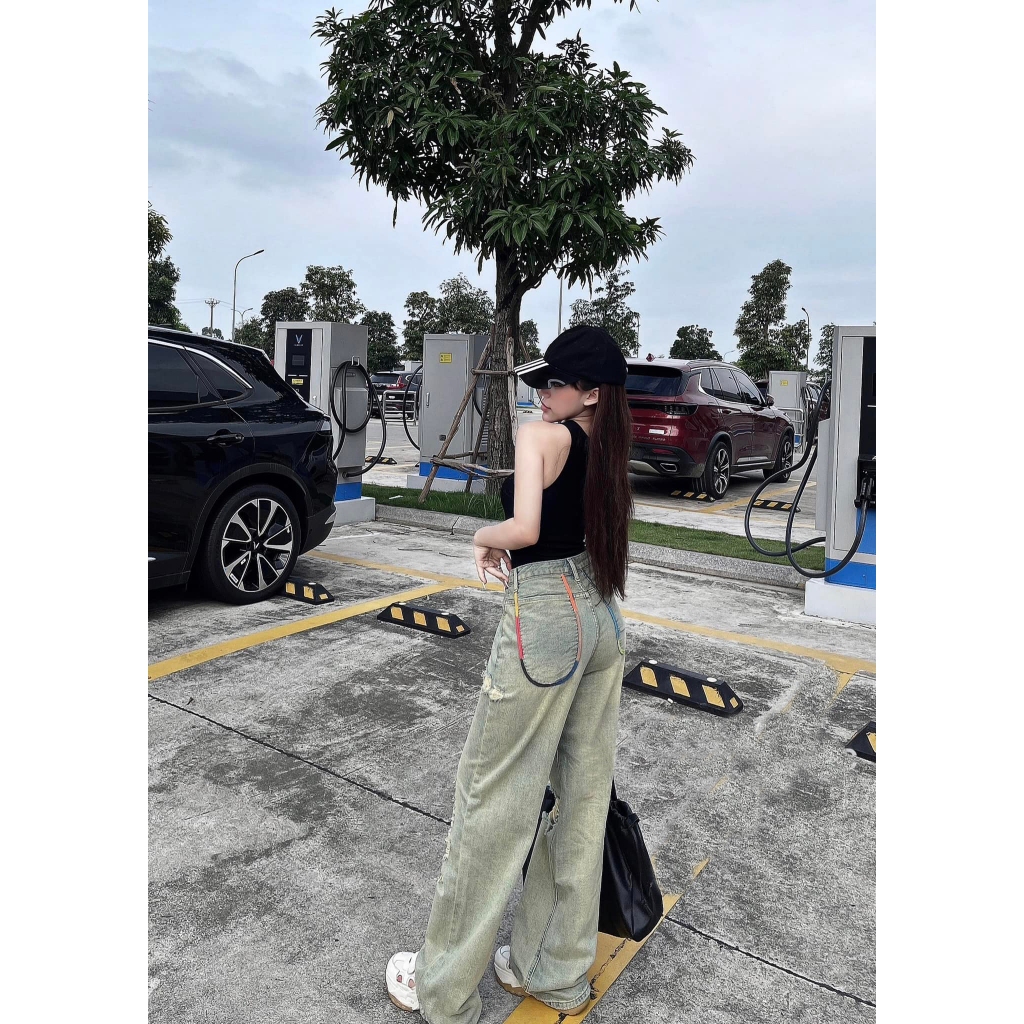 QUẦN JEANS ỐNG RỘNG NỮ LƯNG CAO RÁCH 4 MẢNG DÀI CHÉO PHỐI VIỀN TÚI MÀU ĐỎ CAM HỒNG SAU TÚI MÀU XANH NHẠT