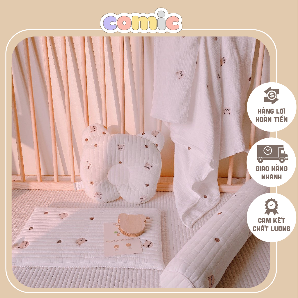 Combo sơ sinh mèo may mắn: Chăn đắp, gối lõm, gối ôm, Gối cao su non cho bé Monona