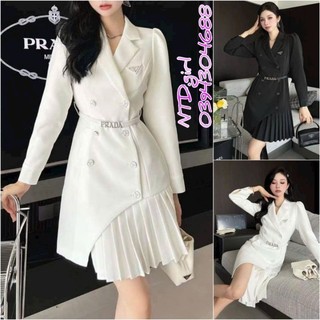 Hàng nhập - Đầm dáng ôm cổ vest tùng xếp li sang trọng, váy Quảng Châu đính nút tay dài