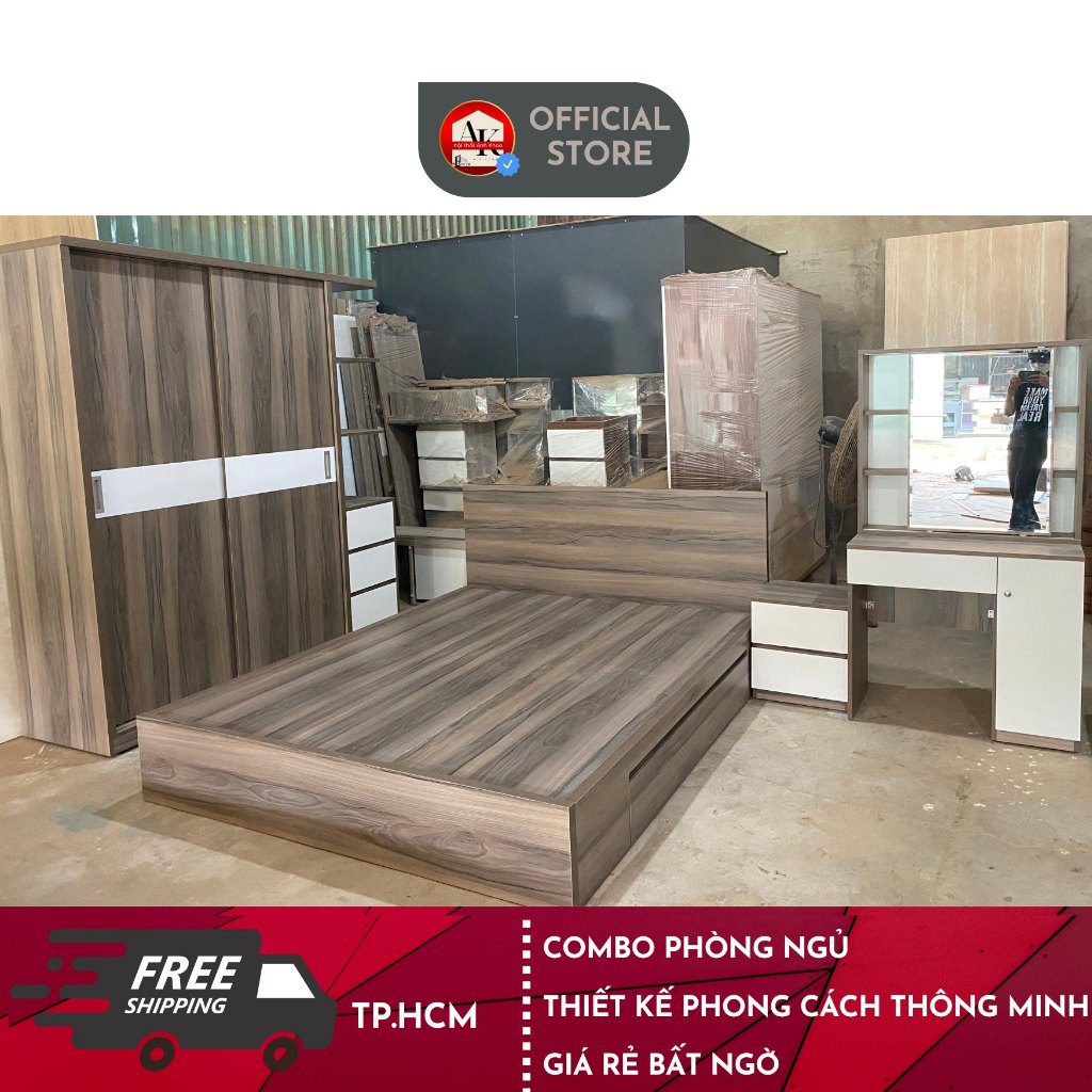 COMBO Nội thất phòng ngủ ( Gỗ Công nghiệp MDF phủ melamine ) tủ áo, giường ngủ, bàn makeup, tủ đầu giường.