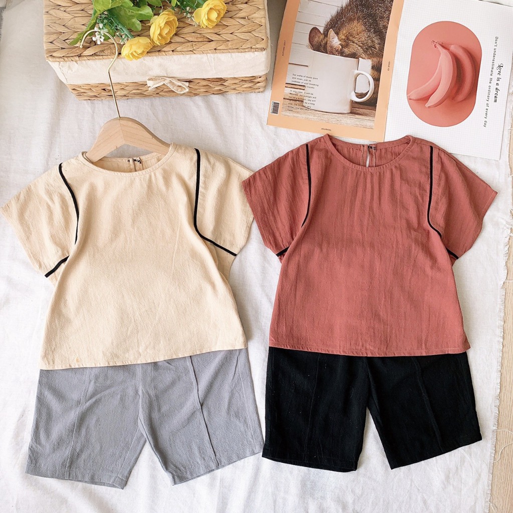 Bộ Quần áo bé trai be lé vai đen D&H KIDS, Bộ đồ bé trai hàn quốc Áo Quần Vải Thô muji
