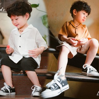 Bộ quần áo bé trai D&H KIDS , bộ đồ bé trai áo cổ 2 ve chất Thô muji nhật bản