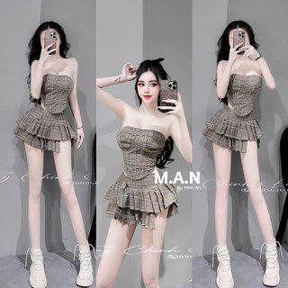 Set áo quây kẻ cúp ngực chân váy xếp ly tầng siêu chảnh