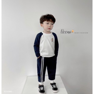  Set bộ quần áo Beemo dài tay cho bé trai phối raglan in hình gấu selfie vải nỉ da cá co giãn mặc thu đông B23339BD 