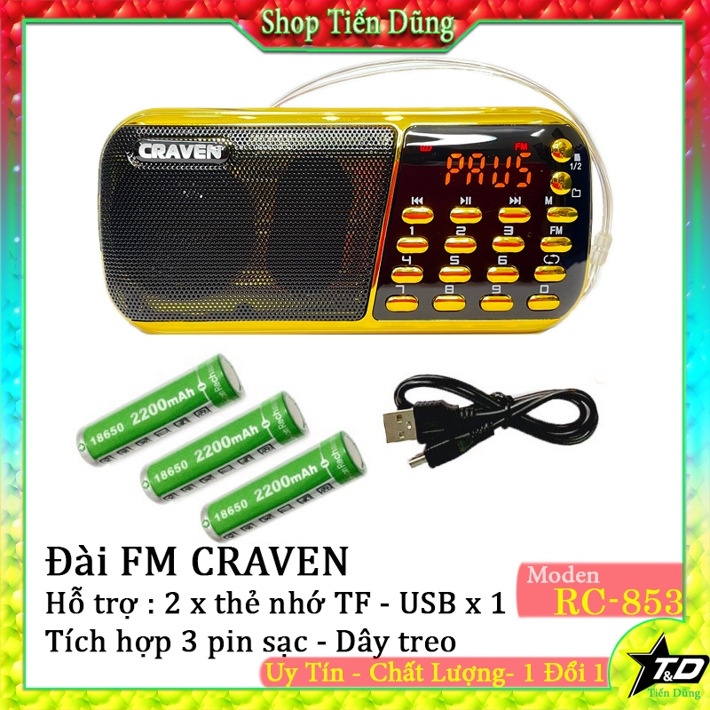 Đài FM Craven CR 853 hỗ trợ 2 cổng thẻ nhớ TF + 1 cổng USB có 3 pin sạc đi kèm - Loa Craven nhỏ gọn âm thanh chất lượng