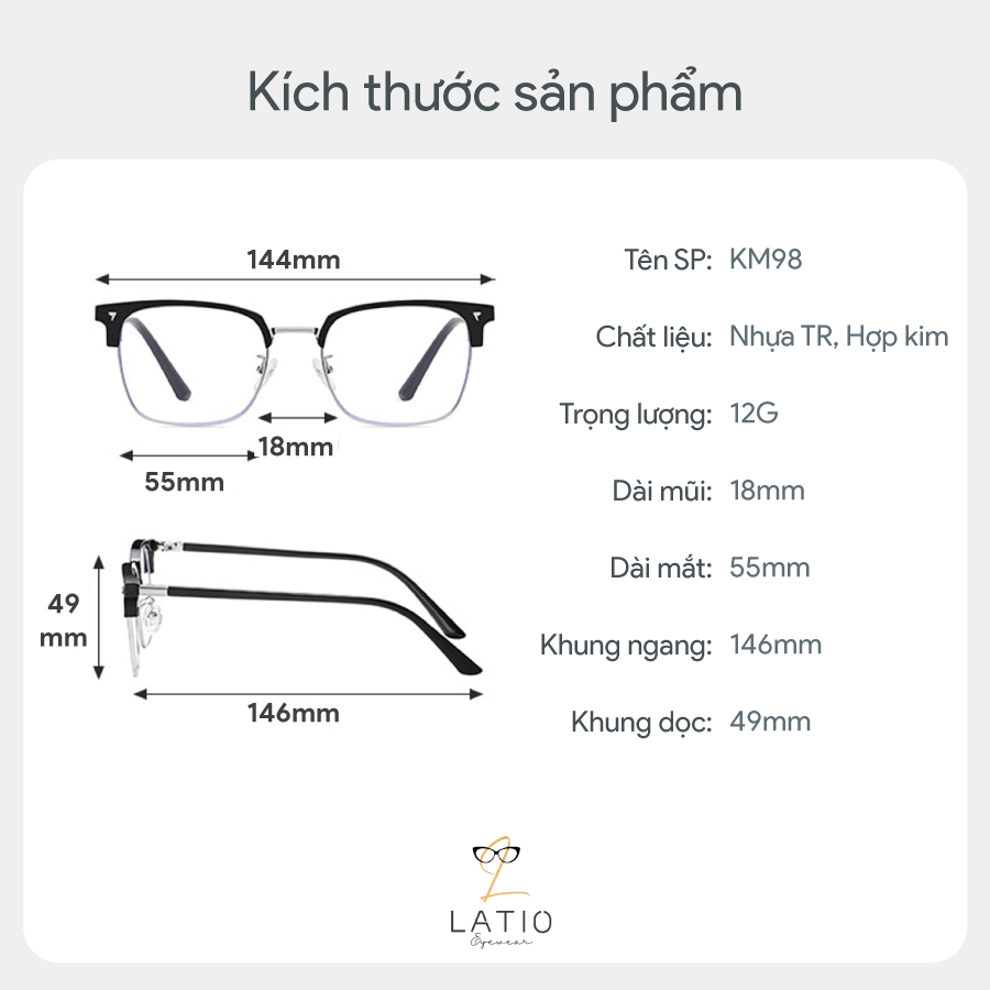 Kính mắt LATIO Gọng kính Nam phong cách tinh tế lịch lãm đơn giản Chất liệu cao cấp Nâng cấp ngoại hình - KM98