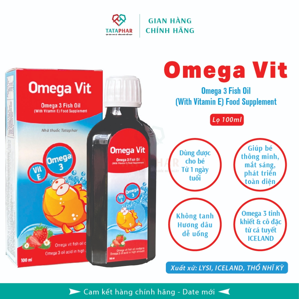 OMEGA VIT - Bổ sung Omega 3 tinh khiết - Hỗ trợ phát triển trí não, Mắt và Hệ Thần Kinh cho bé - Chai 100ml - Vị dâu