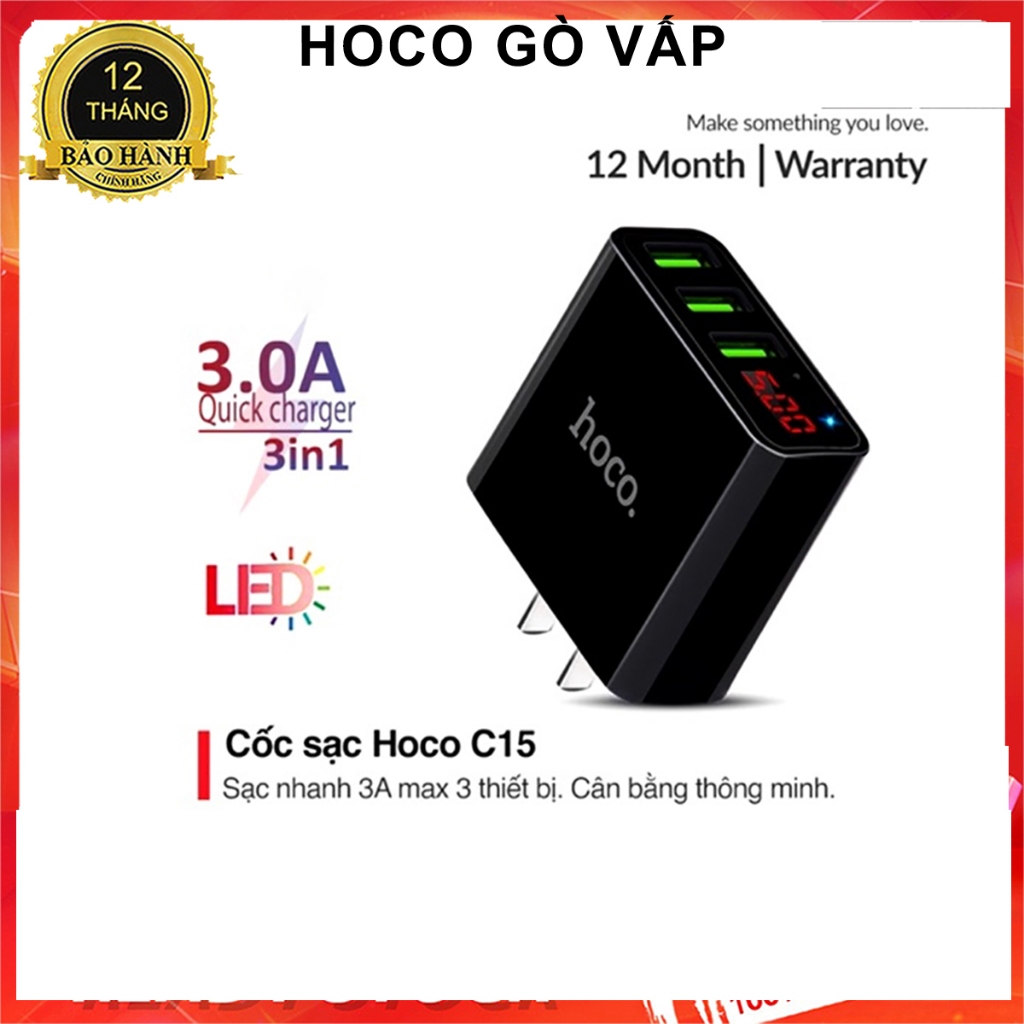 ⚡NowShip⚡ Cốc Sạc 3 cổng USB Hoco C15 / HK1 có màn LED hiển thị đo dòng Chính Hãng Ổn định dòng cho IpAndroid