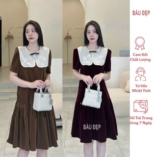 Váy đầm bầu thu đông chất nhung dáng suông cổ phối ren xinh xắn