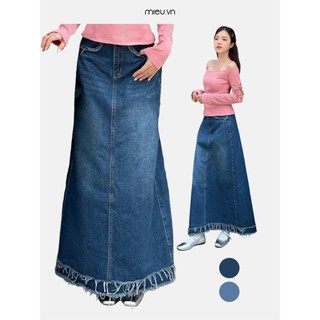 Chân váy jean dài thiết kế basic với điểm nhấn gập lai tua rua chất jean dày dặn MIEU - KAU12