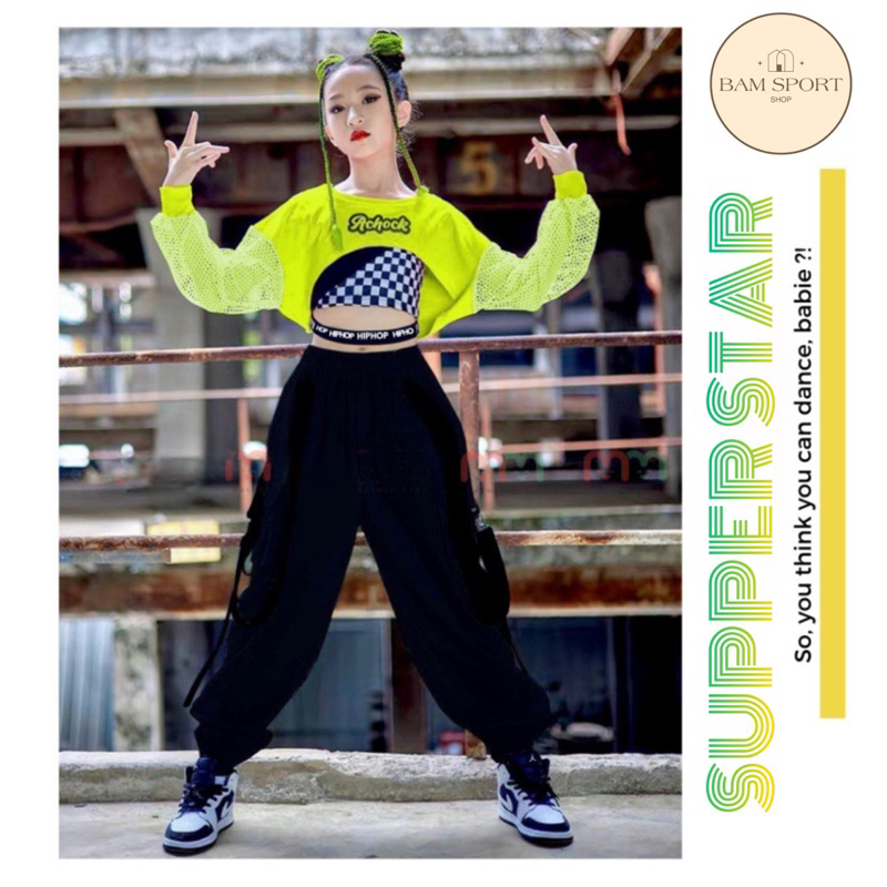 Đồ tập nhảy 3 chi tiết, áo tay dài phối lưới + áo thun caro phối dây + quần dù xịn túi hộp