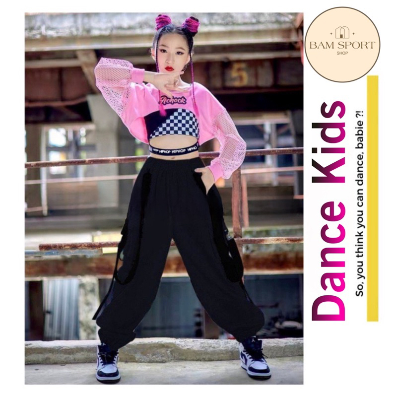 Đồ tập nhảy 3 chi tiết, áo tay dài phối lưới + áo thun caro phối dây + quần dù xịn túi hộp