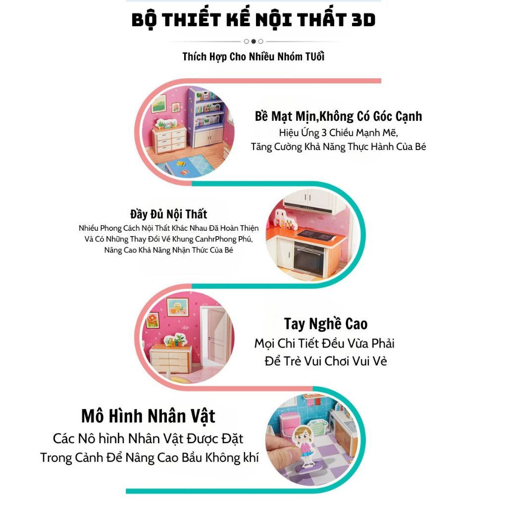 Bộ Đồ Chơi Xếp Hình Lắp Ráp 3D Thiết Kế FULL Nội Thất Ngôi Nhà Dễ Thương,SET Đầy Đủ 4 Phòng Cho Bé Sáng Tạo.