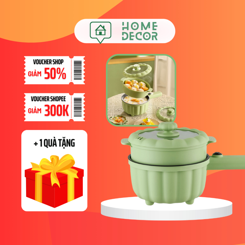 Nồi Lẩu Điện Mini Đa Năng Kèm Xửng Hấp Dung Tích 2L, Chảo Điện Chống Dính Bí Ngô 2 Nấc Nhiệt