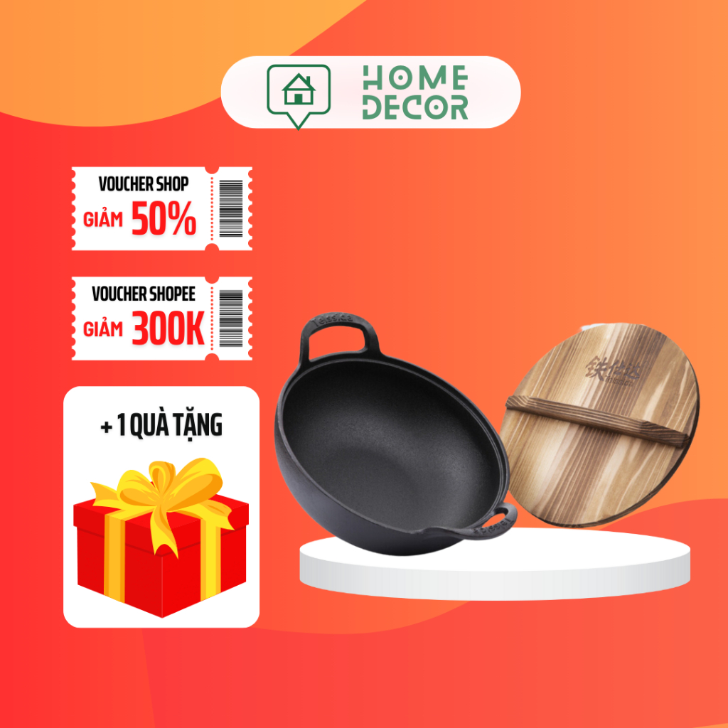 Chảo Gang Sâu Lòng Đúc Thủ Công Tặng Kèm Nắp Gỗ, Chiên - Xào - Rán Siêu Chống Dính Size 20Cm Dung Tích 1.3L
