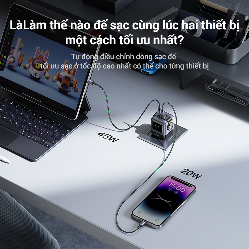 Củ Sạc 3 Cổng UGREEN CD361 Nexode Robot GaN 30W / 65W Cho lP 15/ 14/ 14 Pro Max/ MacAir/ lPad Pro/ lPad Mini