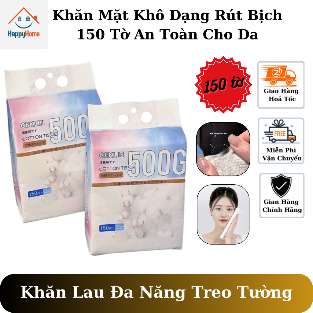 Khăn mặt khô dạng rút Geklin, khăn lau đa năng treo tường 1 bịch 150 tờ chất liệu sợi bông cotton mềm mịn an toàn cho da