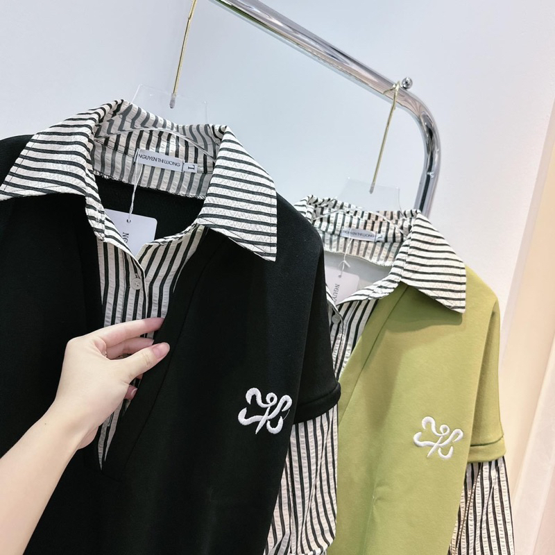 Áo nỉ phối sơ mi kẻ thêu ngực
