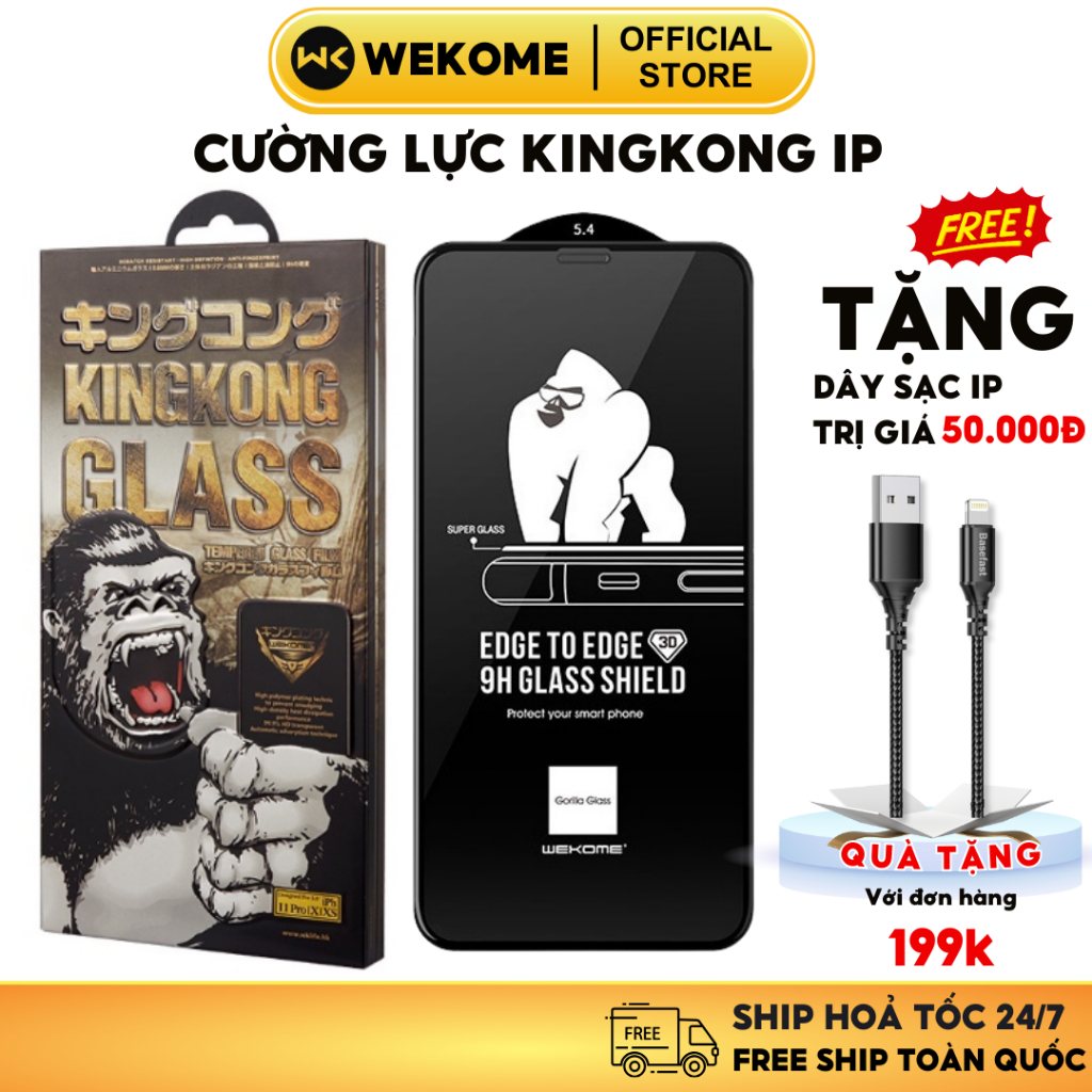 Kính cường lực iphone kingkong chính hãng Wekome phủ nano trong suốt cho ip8 x 11 12 13 14 15 promax