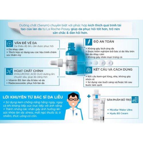 Serum cấp ẩm Laroche-Possay Axit Hyaluronic B5, tinh chất tái tạo phục hồi da làm sáng da