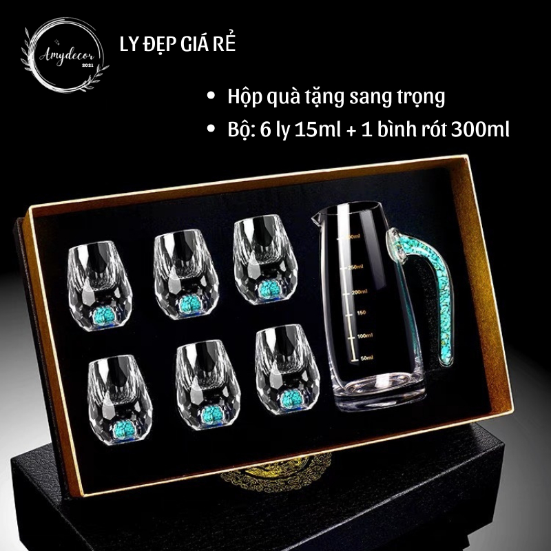 Ly uống rượu, chén uống rượu pha lê đá xanh, mẫu mới nhất 2023, hộp quà tặng đẳng cấp, sang trọng