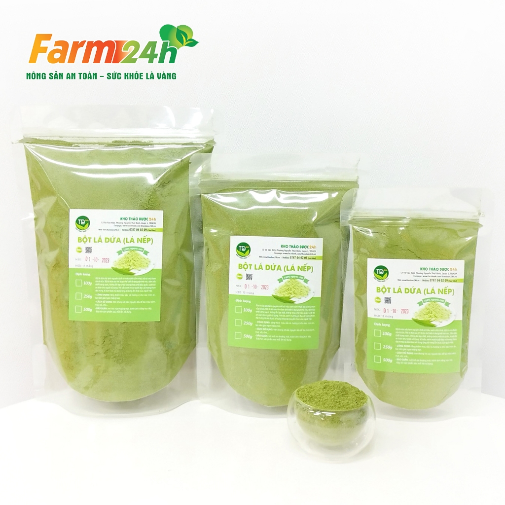 Bột lá dứa  nguyên chất 100%, tạo màu xanh và mùi thơm tự nhiên cho các món xôi lá nếp, ngũ sắc, mứt dừa, thạch