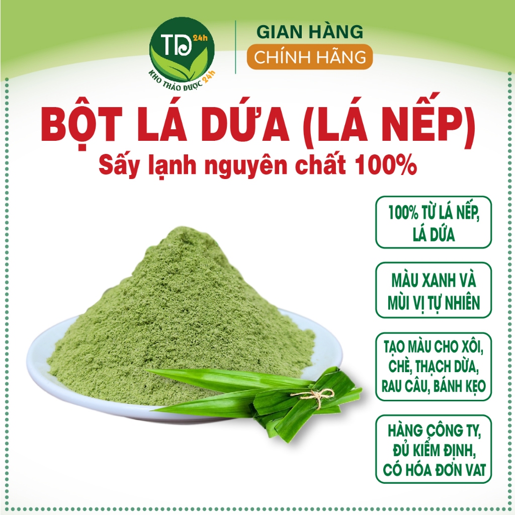 Bột lá dứa (lá nếp) nguyên chất 100%, tạo màu xanh và mùi thơm tự nhiên cho các món xôi lá nếp, ngũ sắc, mứt dừa, thạch