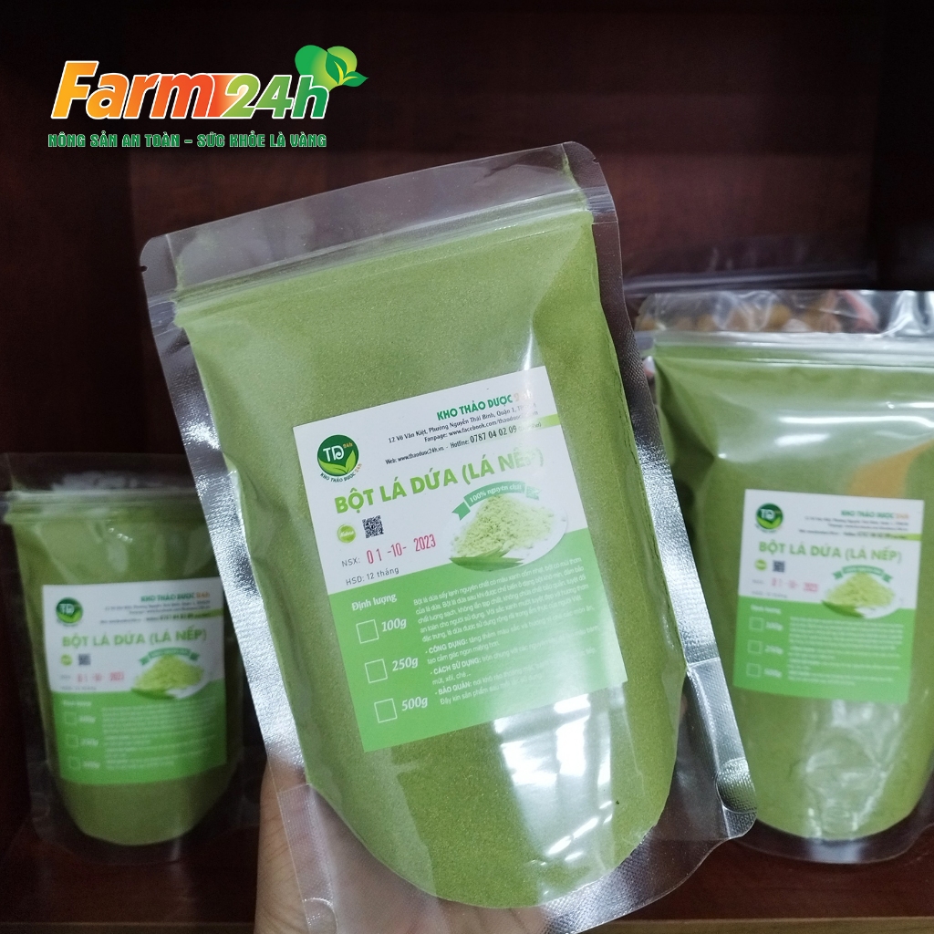 Bột lá dứa  nguyên chất 100%, tạo màu xanh và mùi thơm tự nhiên cho các món xôi lá nếp, ngũ sắc, mứt dừa, thạch