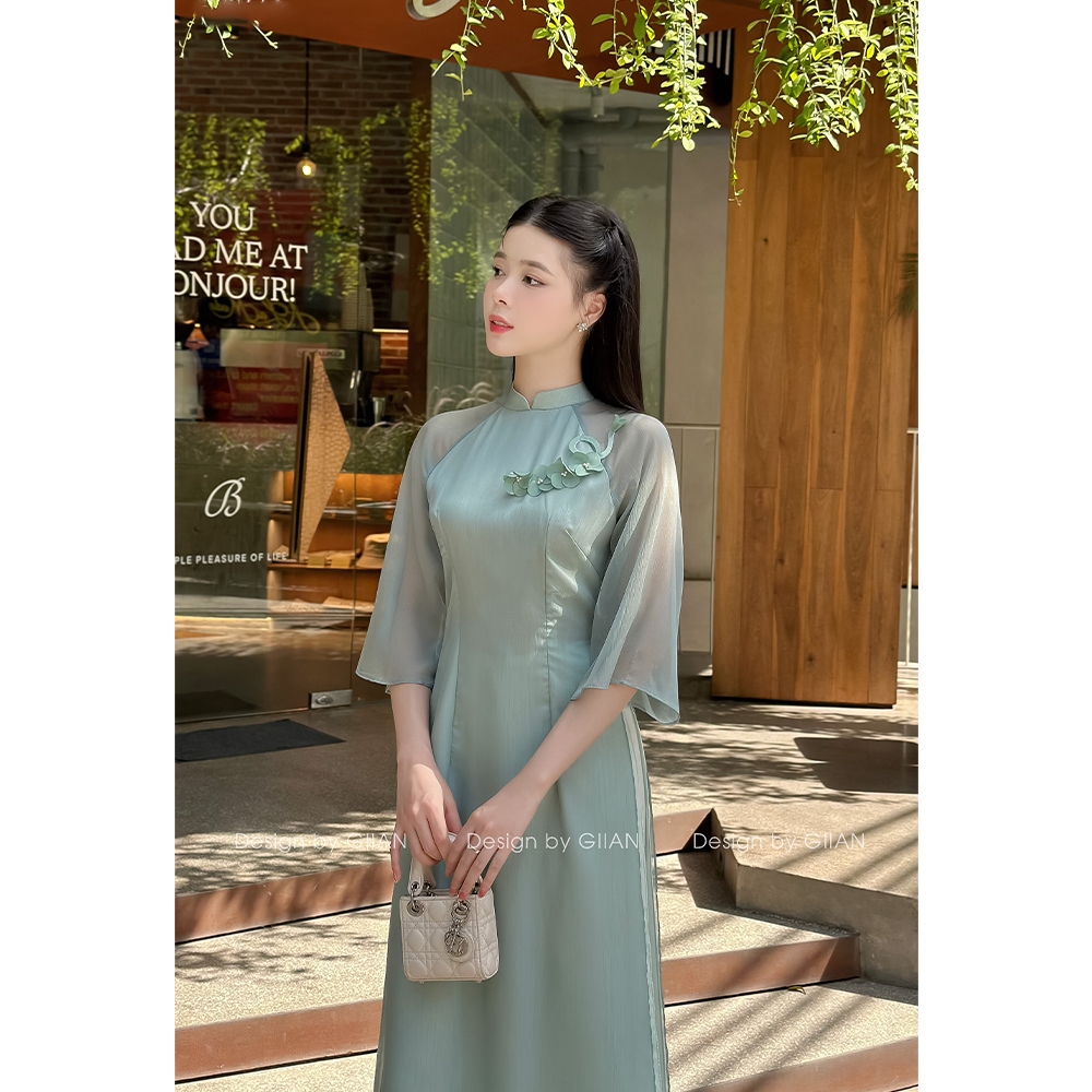 Áo dài cách tân xanh thiết kế tay bồng đính hoa cổ tròn vải tơ mềm cao cấp thương hiệu Giian - AD0055X