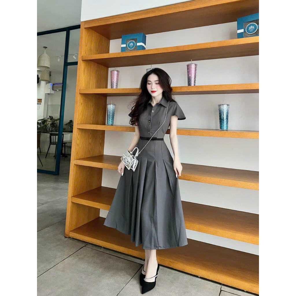 Đầm Váy Thời Trang Nữ Thiết Kế Áo Cổ Sơ Mi Tay Cánh Tiên Cài Nút Dáng Váy Dài Xếp Ly Xòe Nữ Thanh Lịch