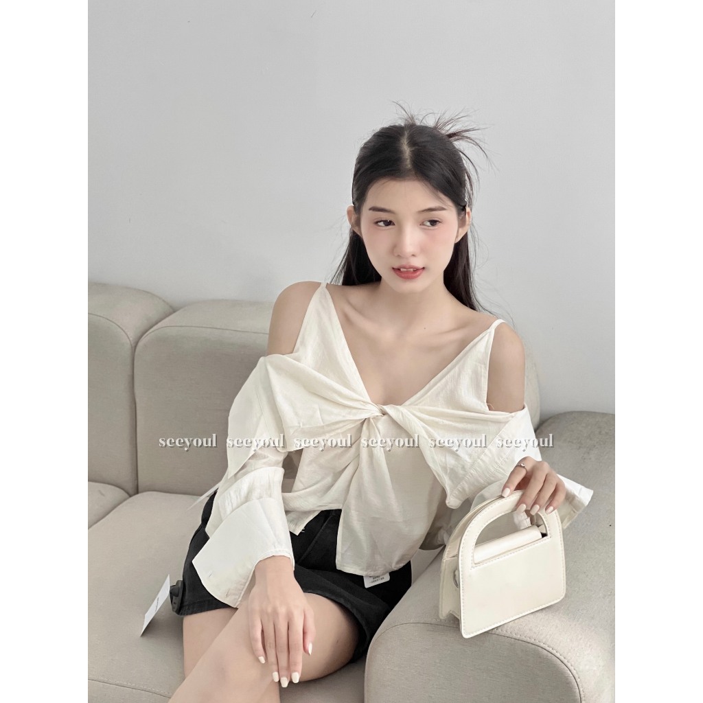 Áo kiểu voan nơ khoét vai-4457