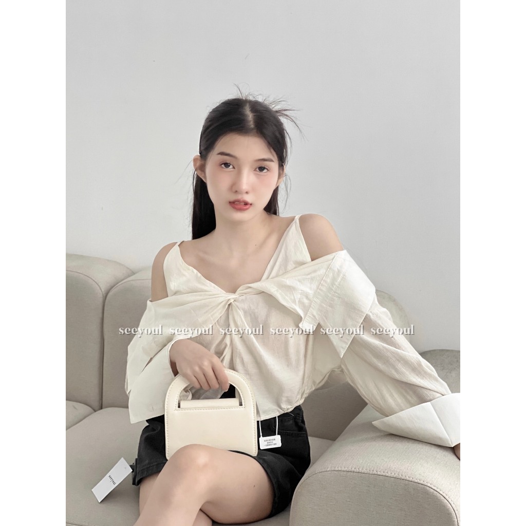 Áo kiểu voan nơ khoét vai-4457