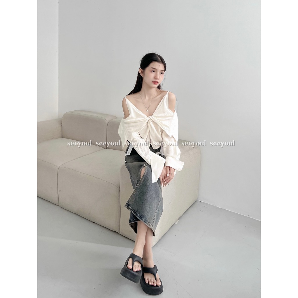 Áo kiểu voan nơ khoét vai-4457