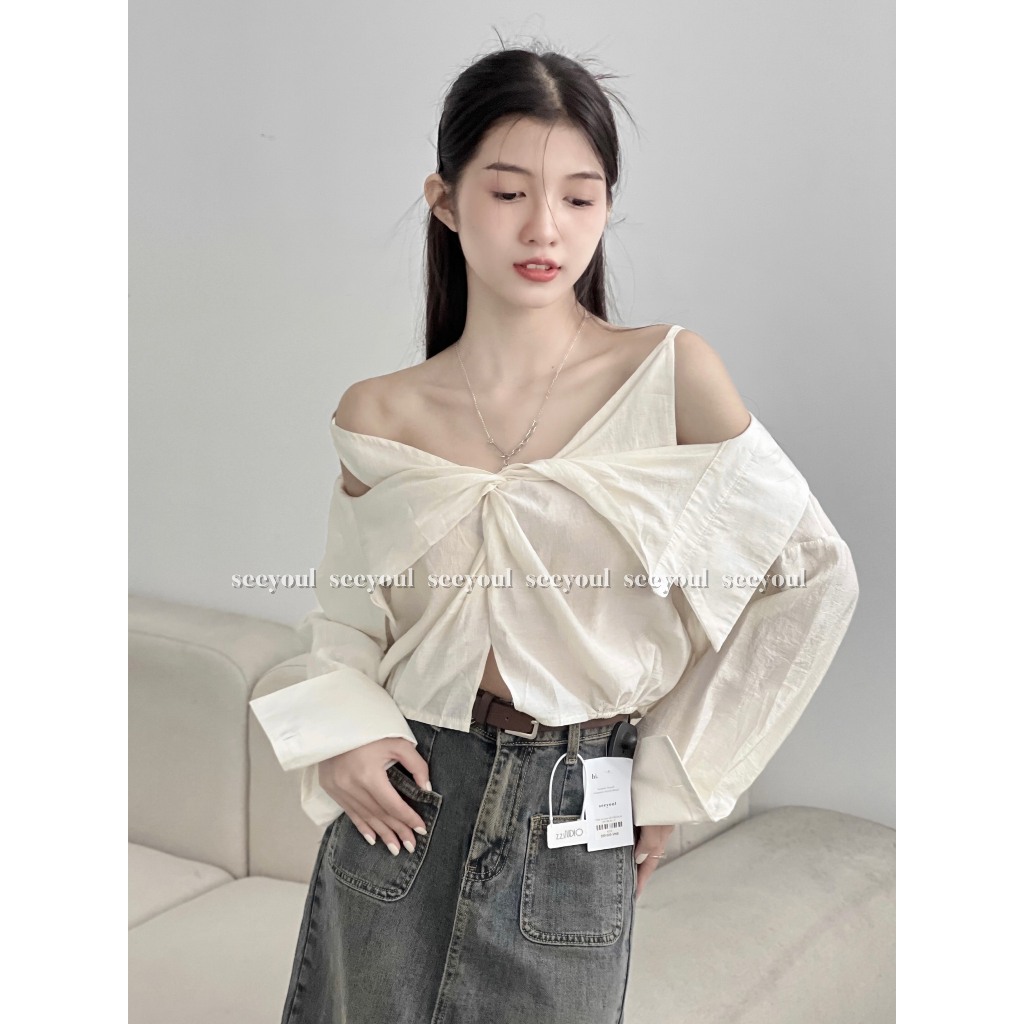 Áo kiểu voan nơ khoét vai-4457