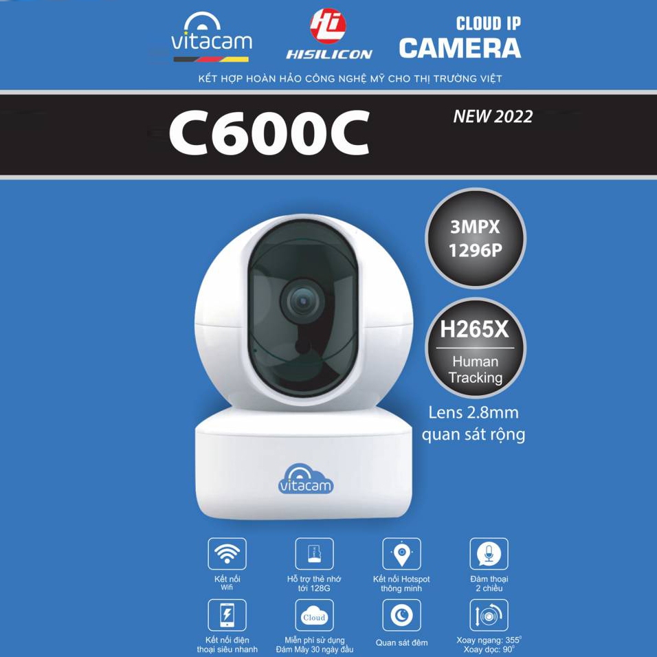 [XẢ HÀNG] Camera Wifi VITACAM C600C Xoay 360° Chuẩn 3.0Mpx Siêu Nét Góc Rộng 2.8mm-Đàm Thoai 2 Chiều