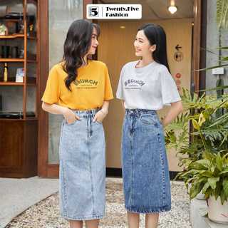  Chân váy jeans nữ Twentyfive chất vải mềm cạp cao dáng dài xẻ sau 4089 