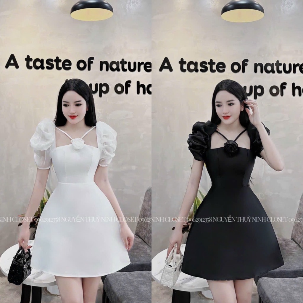 Đầm váy nữ dáng xòe thanh lịch tôn dáng quý phái 2 màu trẻ trung họa tiết tay phồng đính bông trước ngực xinh xắn