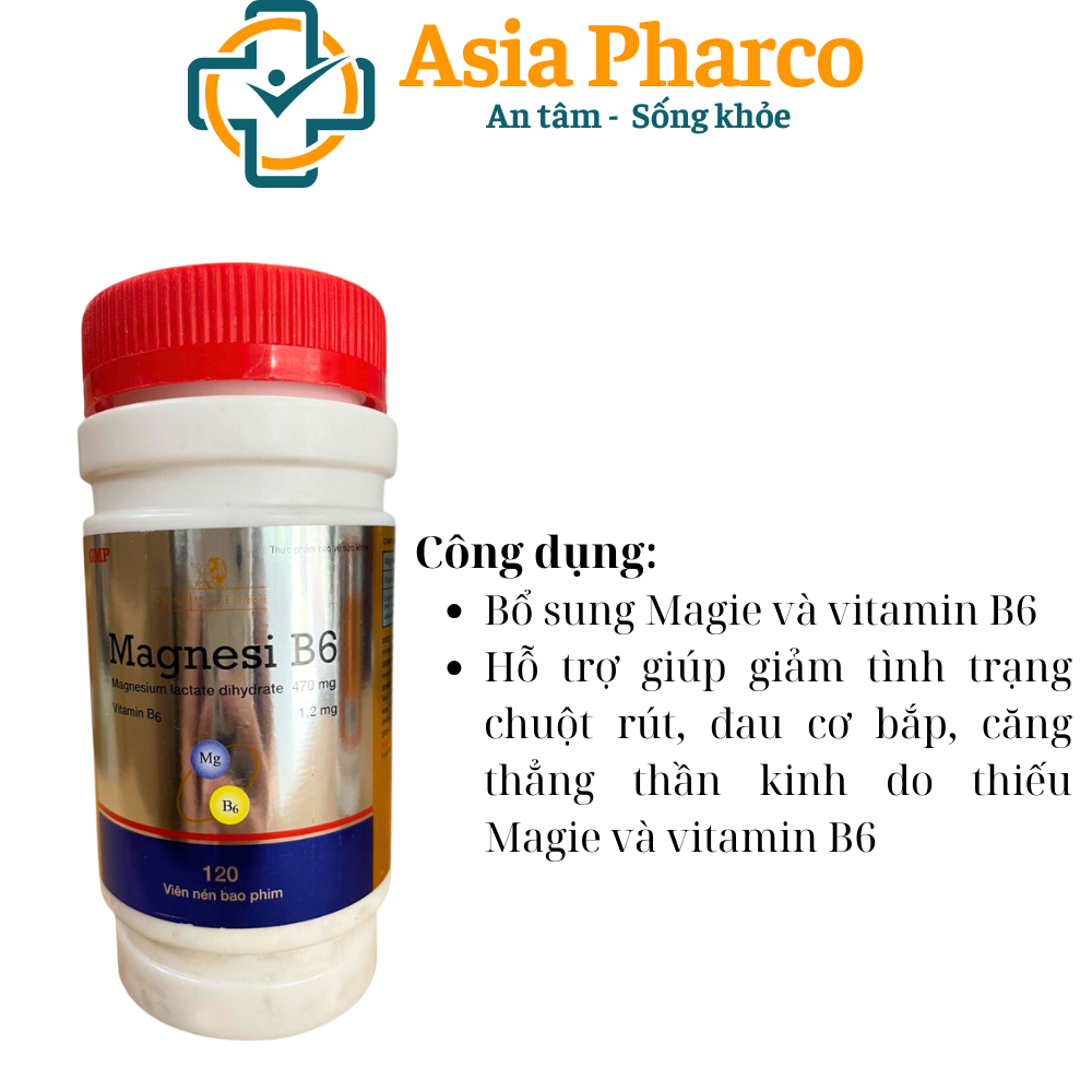 Viên uống magie, vitamin B6 giảm suy nhược thần kinh, căng thẳng, đau cơ bắp, chuột rút - 120 viên